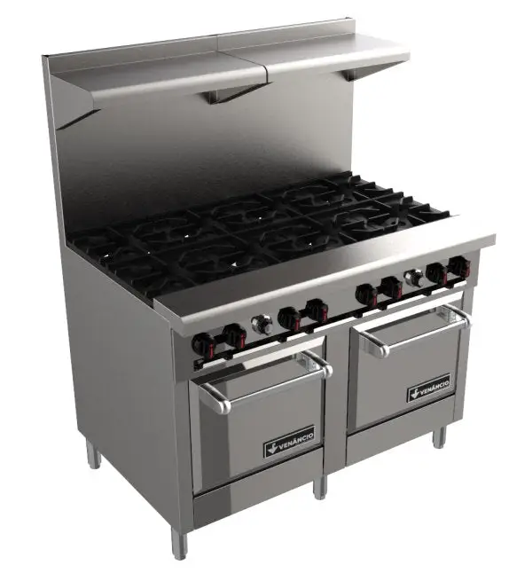 VENANCIO RESTAURANT SERIES 8 BURNER RANGE WITH STAINLESS STEEL OVERSHELF AND 2 STANDARD OVENS