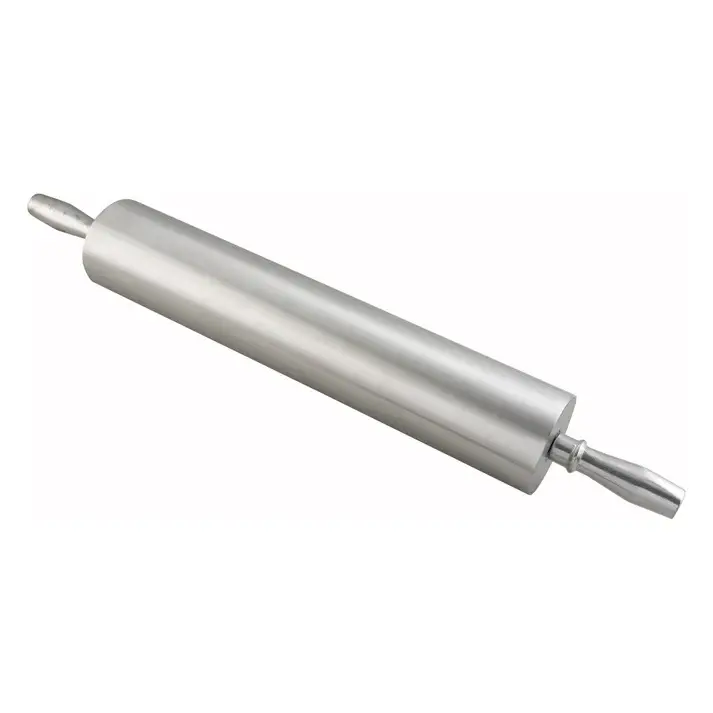 18 INCH ALUMINUM ROLLING PIN WITH 3 INCH BARREL; 4 INCH HANDLES; AND BALL BEARINGS