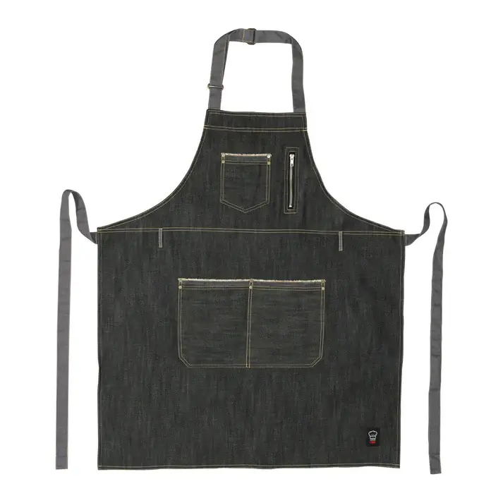 HEAVYWEIGHT DARK WASH DENIM BIB APRON WITH POCKETS AND ADJUSTABLE NECK