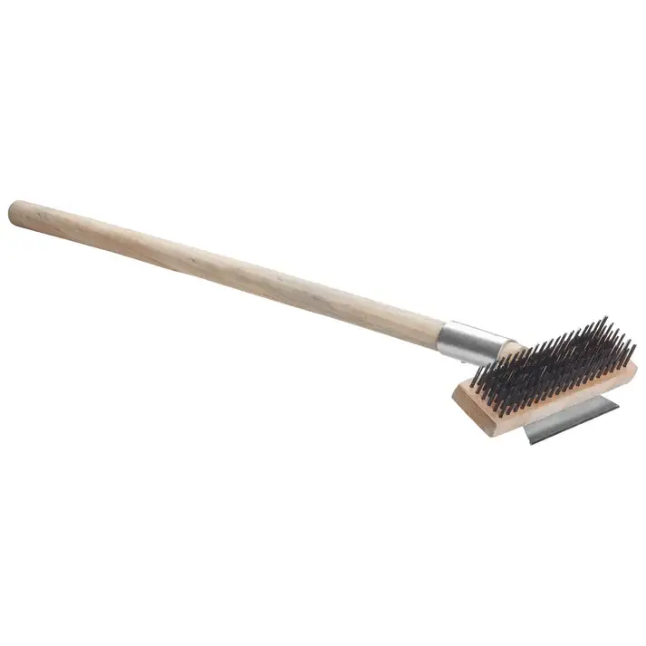 CARBON WIRE PIZZA OVEN BRUSH WITH 27 INCH WOOD HANDLE AND METAL SCRAPER
