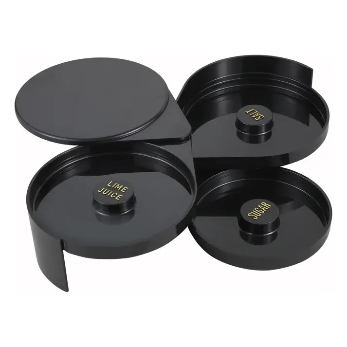 3 TIER PLASTIC GLASS RIMMER WITH LIME JUICE; SALT; AND SUGAR LABELS