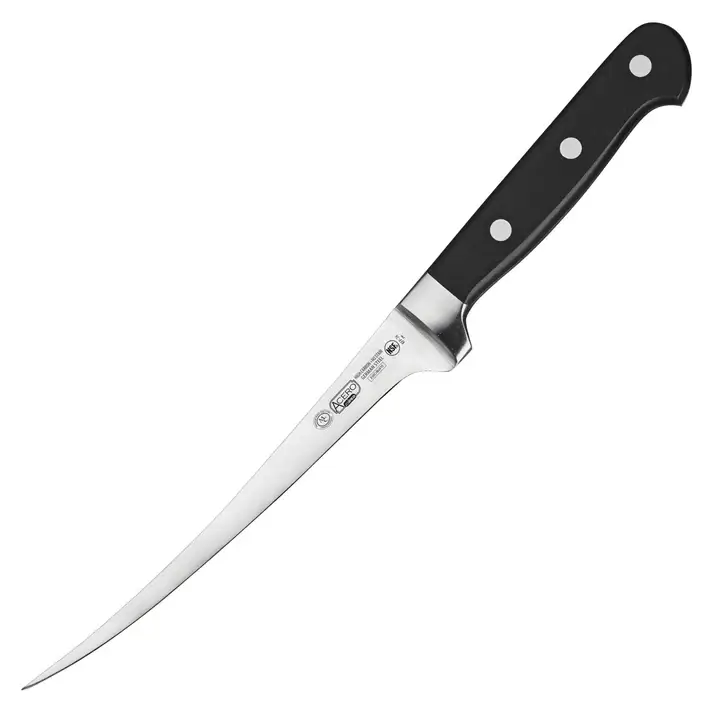 7 INCH FORGED CARBON STEEL FLEXIBLE FILLET KNIFE WITH FULL TANG CONSTRUCTION AND PLASTIC HANDLE