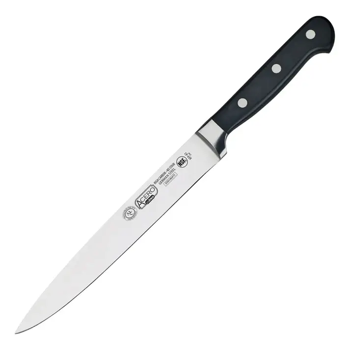 8 INCH FORGED CARBON STEEL SLICER KNIFE WITH FULL TANG CONSTRUCTION AND PLASTIC HANDLE