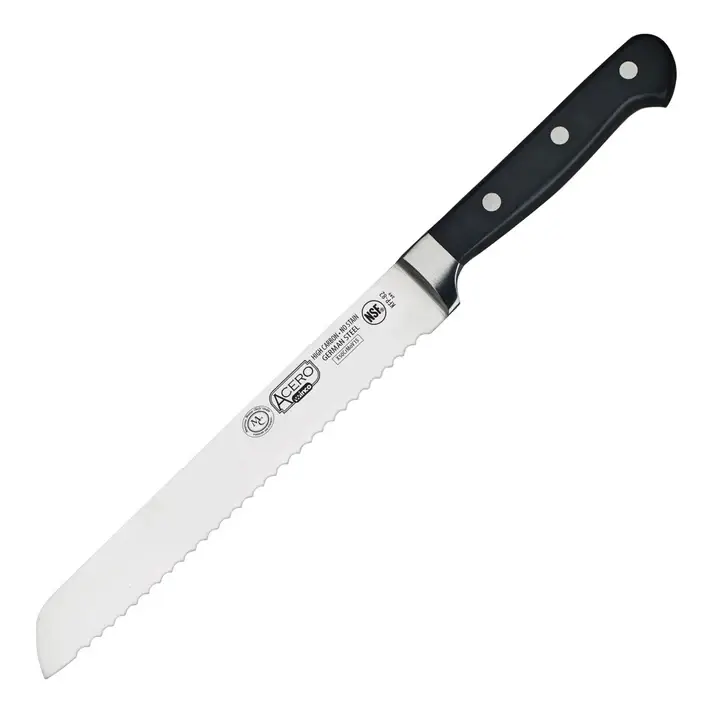 8 INCH FORGED CARBON STEEL BREAD KNIFE WITH FULL TANG CONSTRUCTION AND PLASTIC HANDLE