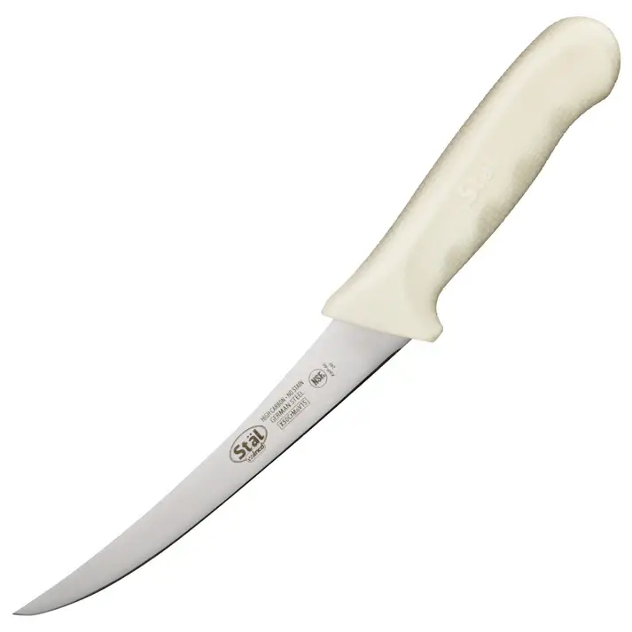 6 INCH BONING KNIFE WITH CURVED BLADE AND WHITE POLYPROPYLENE HANDLE