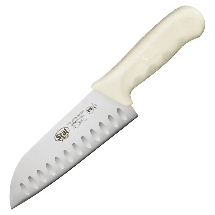 7 INCH SANTOKU KNIFE WITH GRANTON EDGE AND WHITE POLYPROPYLENE HANDLE