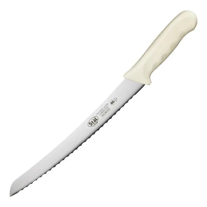 9-1/2 INCH CURVED BREAD KNIFE WITH SERRATED EDGE AND WHITE POLYPROPYLENE HANDLES