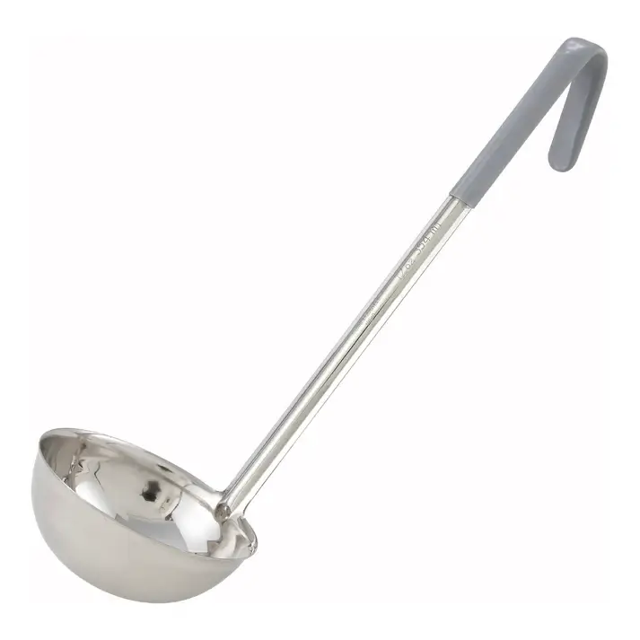 12 OZ SINGLE PIECE STAINLESS STEEL LADLE WITH GRAY SILICONE COATED HANDLE