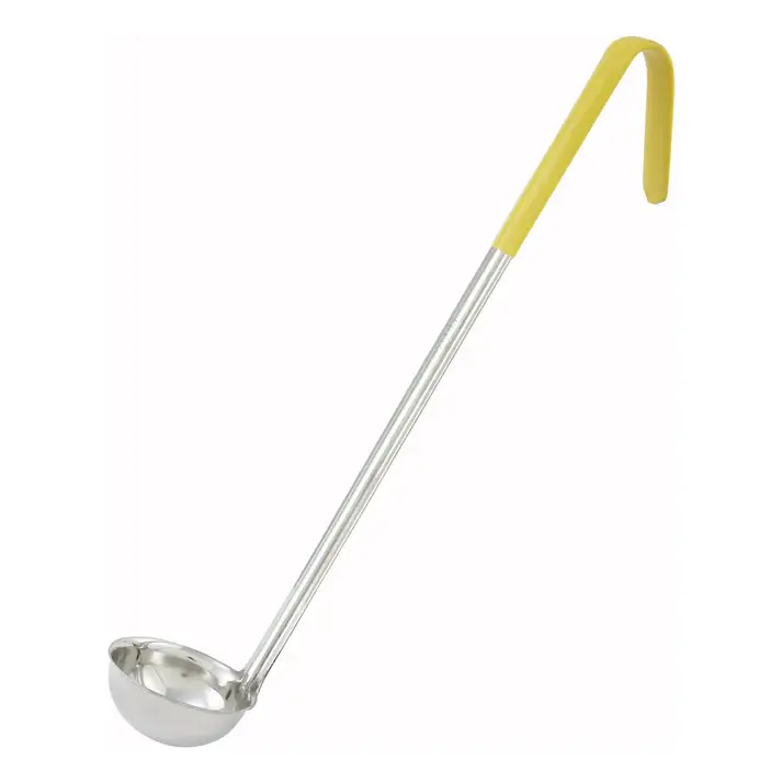 1 OZ SINGLE PIECE STAINLESS STEEL LADLE WITH YELLOW SILICONE COATED HANDLE