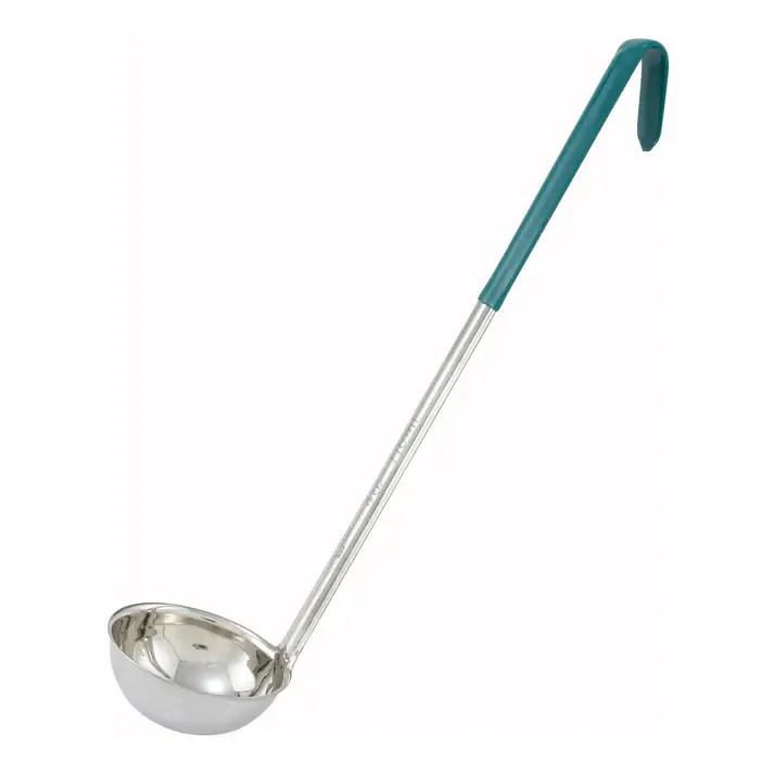 4 OZ SINGLE PIECE STAINLESS STEEL LADLE WITH GREEN SILICONE COATED HANDLE