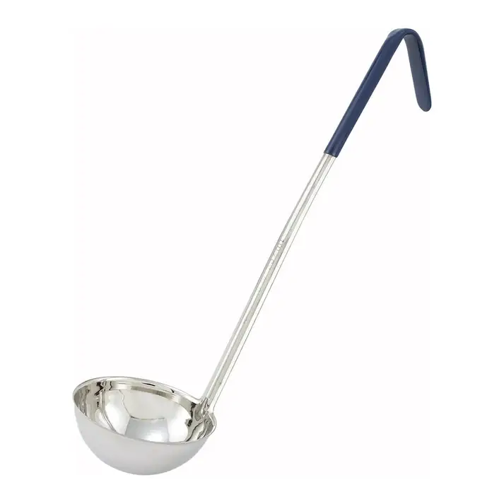 8 OZ SINGLE PIECE STAINLESS STEEL LADLE WITH BLUE SILICONE COATED HANDLE