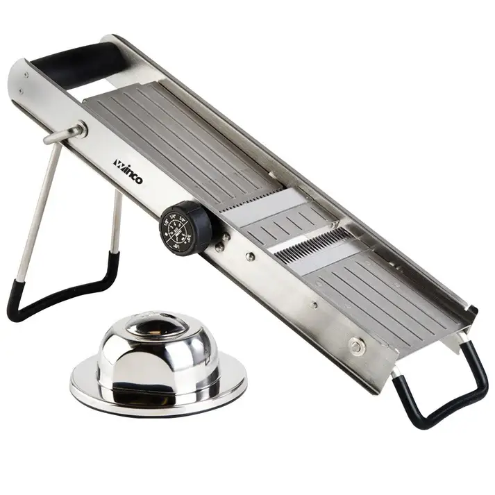 STAINLESS STEEL MANDOLINE SLICER WITH 3 BUILT IN BLADE STYLES WITH ADJUSTABLE THICKNESS