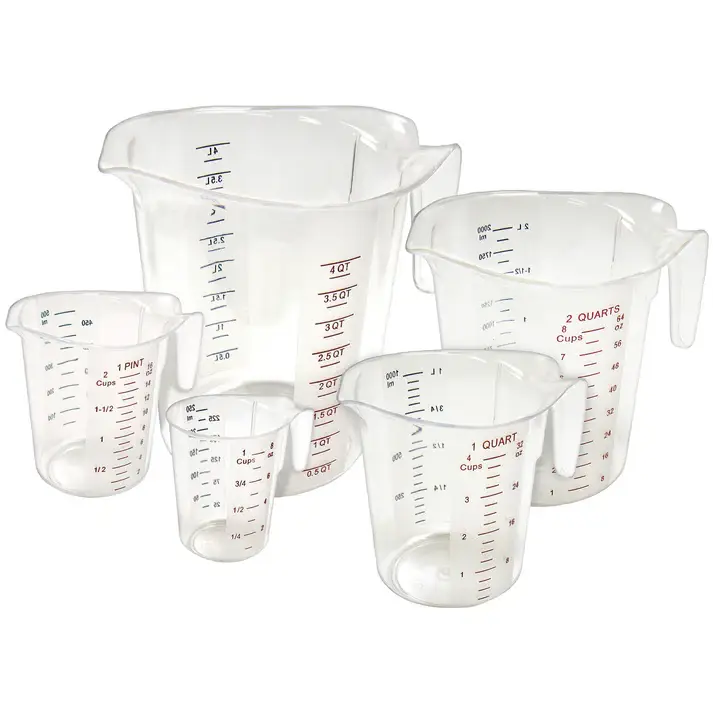 5 PIECE POLYCARBONATE MEASURING CUP SET WITH 1 CUP; 1 PINT; 1 QT; 2 QT; AND 4 QT MEASURES