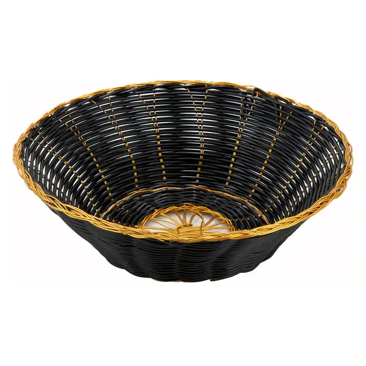 8 INCH ROUND POLY WOVEN BLACK AND GOLD BASKET