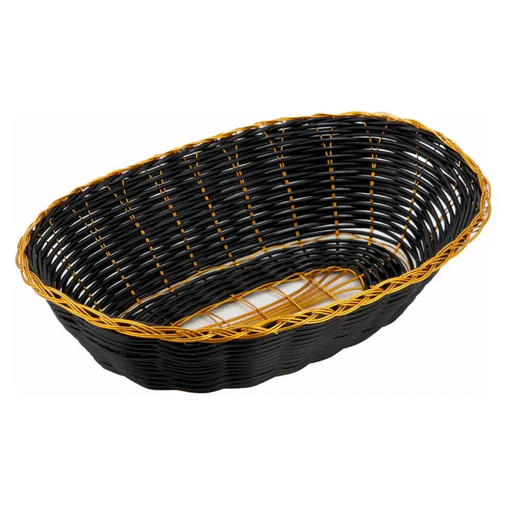 9 INCH OVAL POLY WOVEN BLACK AND GOLD BASKET
