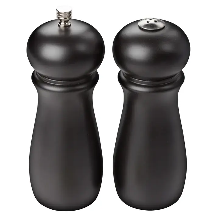 SALT SHAKER AND PEPPER MILL SET WITH RUBBERWOOD BLACK MATTE FINISH - 6 INCHES TALL