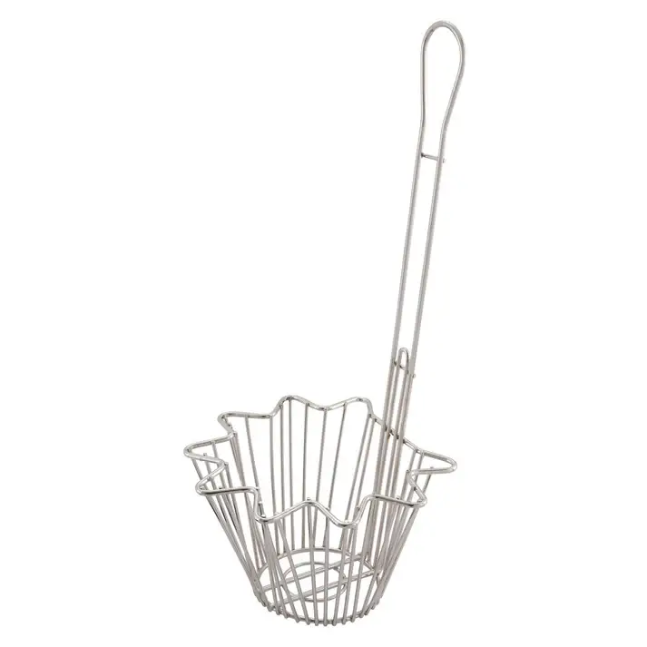 STAINLESS STEEL TACO SALAD BOWL FRYER BASKET WITH 18 INCH HANDLE - 9 X 6-7/8 X 5 INCH BOWL