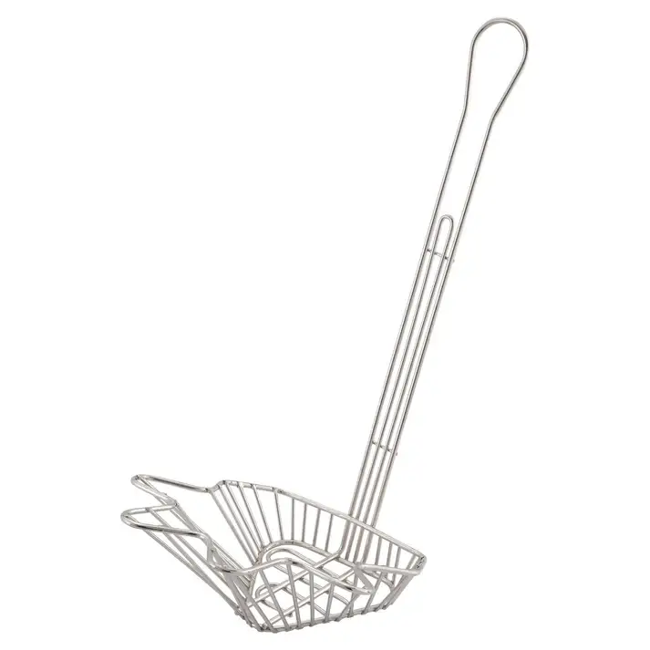 STAINLESS STEEL TRAINGLE TACO BOWL FRYER BASKET WITH 18 INCH HANDLE - 9-1/4 X 8-1/2 X 5 INCH BOWL
