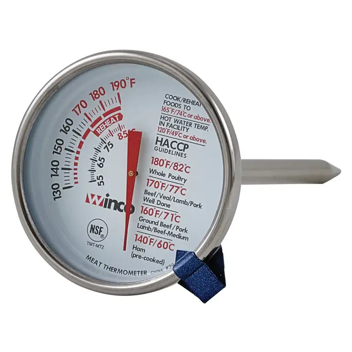 DIAL MEAT THERMOMETER WITH ADJUSTABLE INDICATOR AND 130 TO 190 F TEMPERATURE RANGE