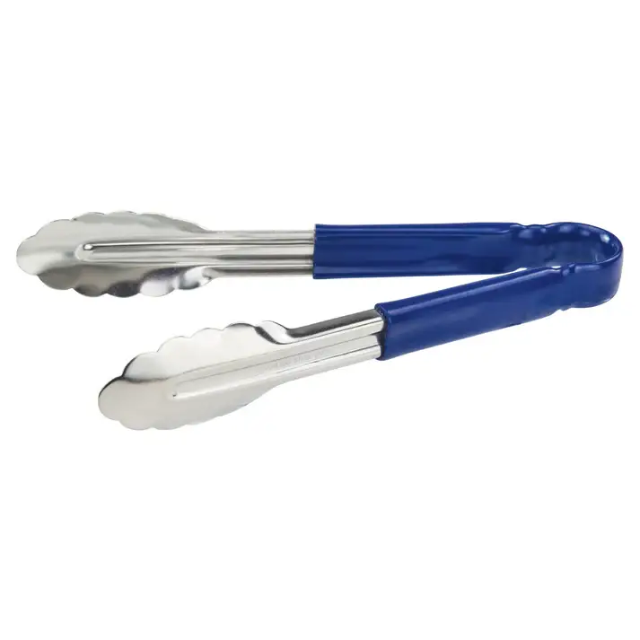 9 INCH STAINLESS STEEL TONGS WITH BLUE HANDLE