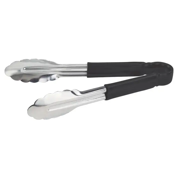 9 INCH STAINLESS STEEL TONGS WITH BLACK HANDLE