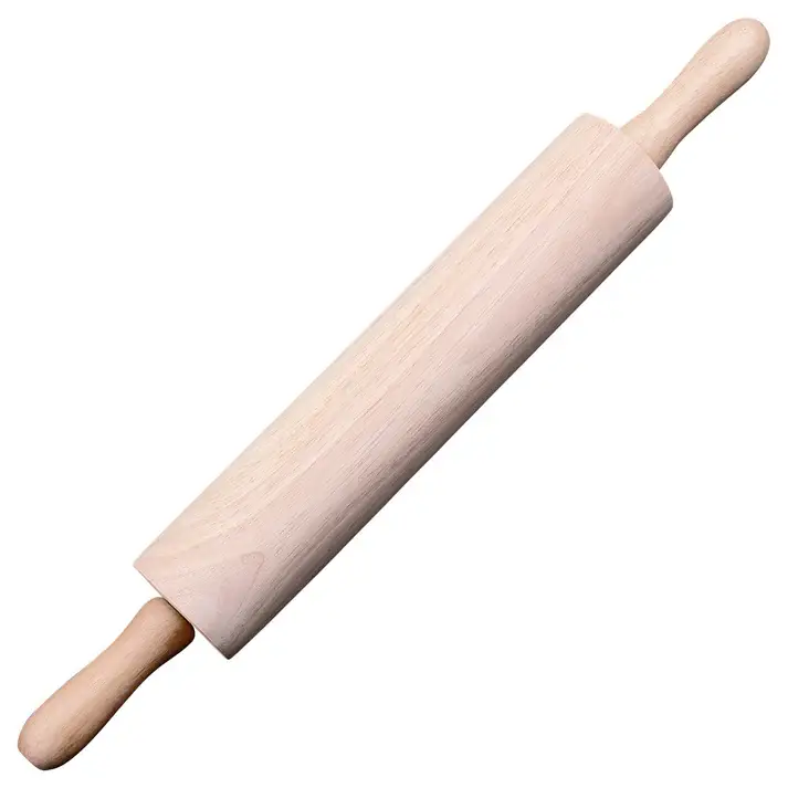13 INCH WOOD ROLLING PIN WITH 3 INCH BARREL; 4 INCH HANDLES; AND BALL BEARINGS